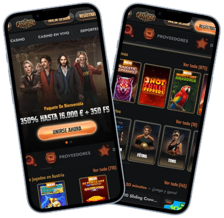 Gransino versión móvil con juegos de casino, deportes y bono de bienvenida